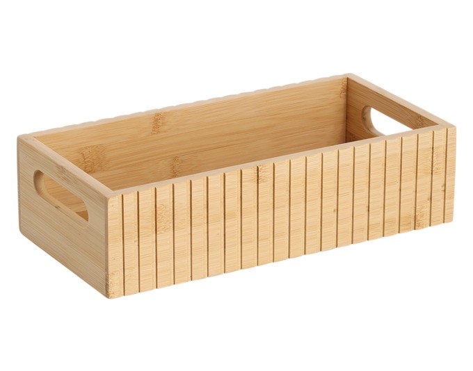 Rechteckige Aufbewahrungsbox aus Bambusholz in Natur und Braun mit seitlichen Grifföffnungen, Masse 30x15x8 cm, auf hellem Hintergrund.