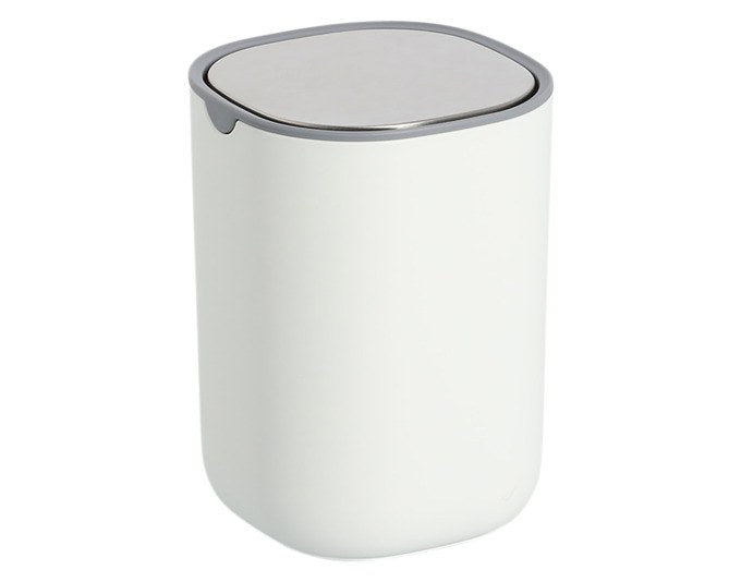 Weisser Tischabfalleimer aus Kunststoff (PP) mit Edelstahldeckel (Inox), kompakte quadratische Form, Masse 11.6x11.6x15.9 cm.