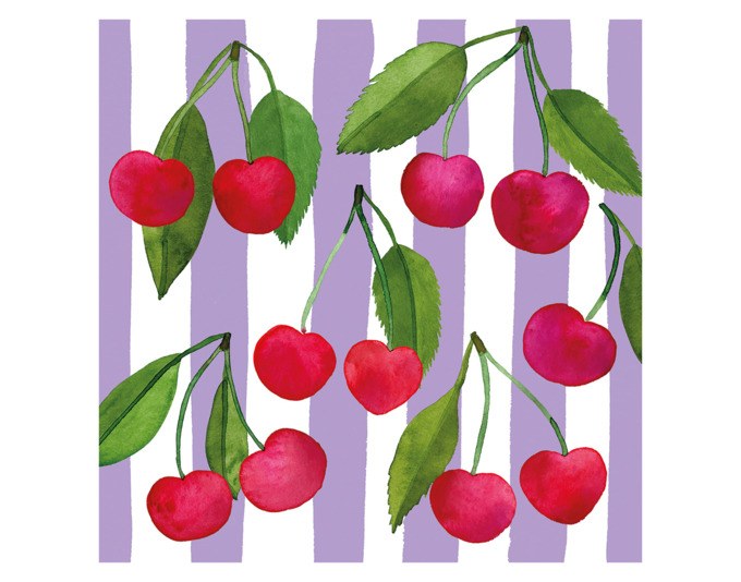 Bedruckte PPD Papierserviette 33x33 cm in Lila, Violett und Weiss mit Streifen- und Kirschmuster, dreilagiges Tissue-Material.