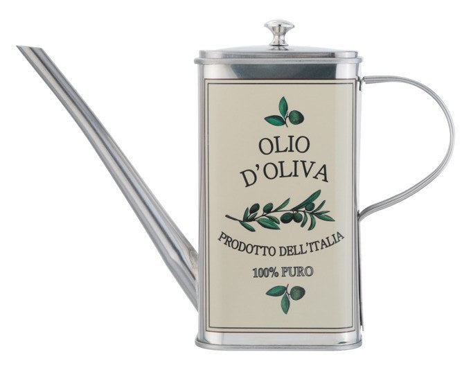 Quadratische Ölkanne aus Edelstahl mit Deckel in Silber, spiegelglanz, dekoratives Design, Fassungsvermögen 0.5 Liter.