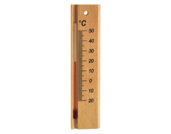 Analoges Innenthermometer von TFA mit Gehäuse aus Buchenholz in Natur und Braun, Masse 14.6x3.6x0.8 cm, klassische runde Zeigerform.