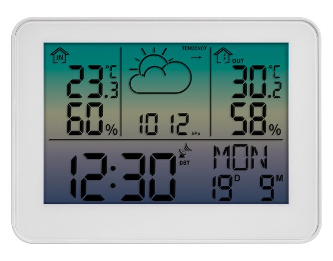 Weisse Funk-Wetterstation TFA Meteo Sky mit Display für Temperatur, Luftfeuchtigkeit, Luftdruck und Uhrzeit, aufstellbar oder wandmontierbar.