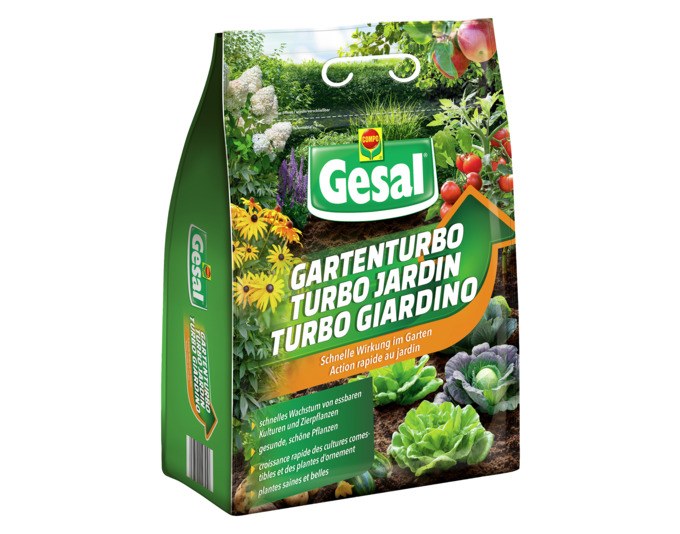 Grüner Kompaktbeutel mit GESAL Universaldünger Gartenturbo, 4 kg Granulat für Garten und Gewächshaus, Produktverpackung von GESAL.