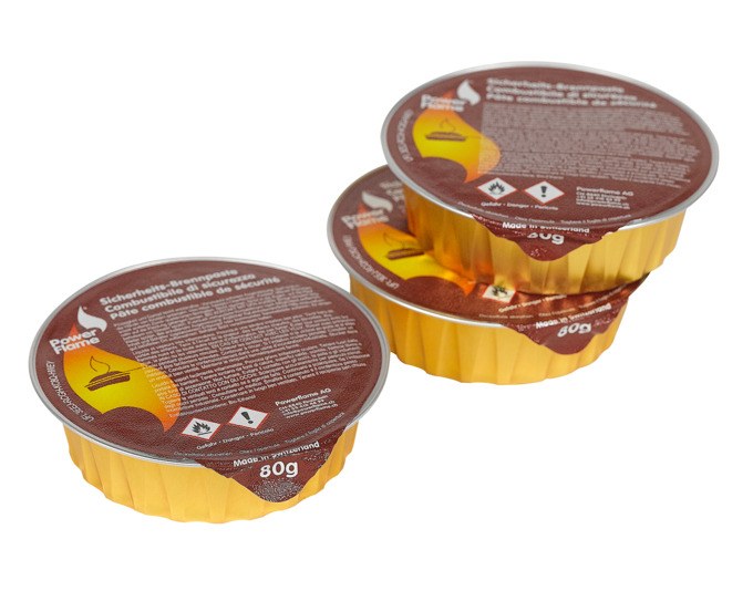 Drei rote Aluminium-Portionsbehälter mit POWERFLAME Brennpaste, je 80 g Inhalt, geeignet für Fonduebrenner und Rechauds.