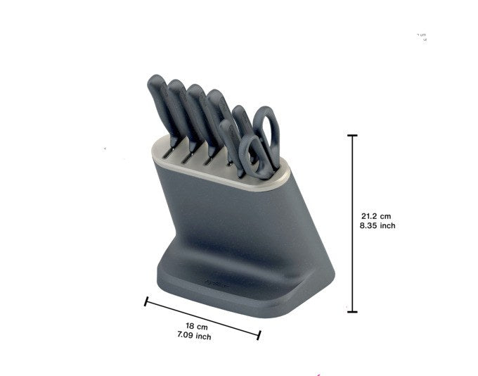 ZYLISS Messerblock 8-teilig in Grau mit Kochmesser, Tranchiermesser, Brotmesser, Santoku-Messer, Schälmesser und Haushaltsschere.