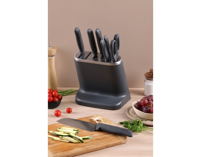 ZYLISS Messerblock 8-teilig in Grau mit Kochmesser, Tranchiermesser, Brotmesser, Santoku-Messer, Schälmesser und Haushaltsschere.