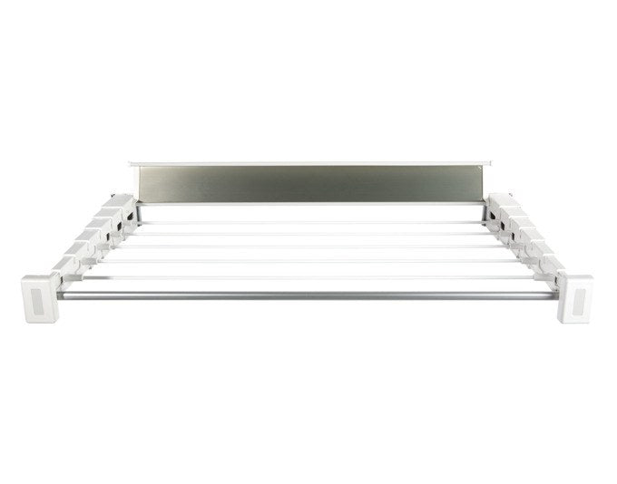 Weisser Wäschetrockner Teleskop Prestige von STEWI, Wandmontage, Aluminium-Schutzklappe, Badetuchstange mit Aufhängehaken, teleskopierbar.