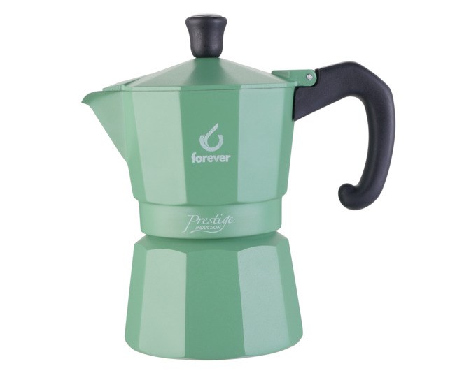 Foto des FOREVER Kaffeezubereiters Moka Prestige Unica in Grün mit Edelstahl-Aussenschicht, Aluminium-Innenkammer und Nylongriff für drei Tassen.