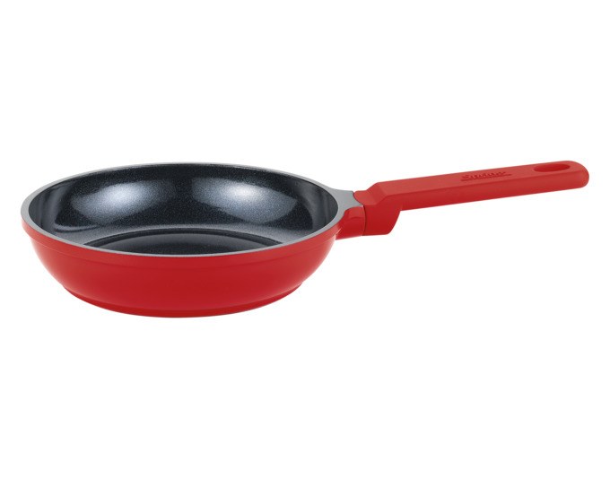 Rote SPRING Bratpfanne Mini Pure ø 16 cm aus Aluminium mit Keramikbeschichtung, runde kompakte Form für kleine Portionen.
