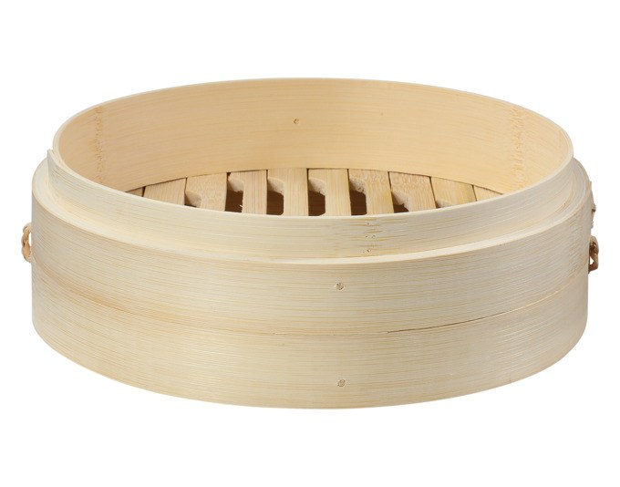 Handgefertigter Dämpfkorb aus Bambus mit zwei Ebenen und Öffnungen im Boden, Farbe Beige, Durchmesser 20 cm, Höhe 13.5 cm, dreiteilig.