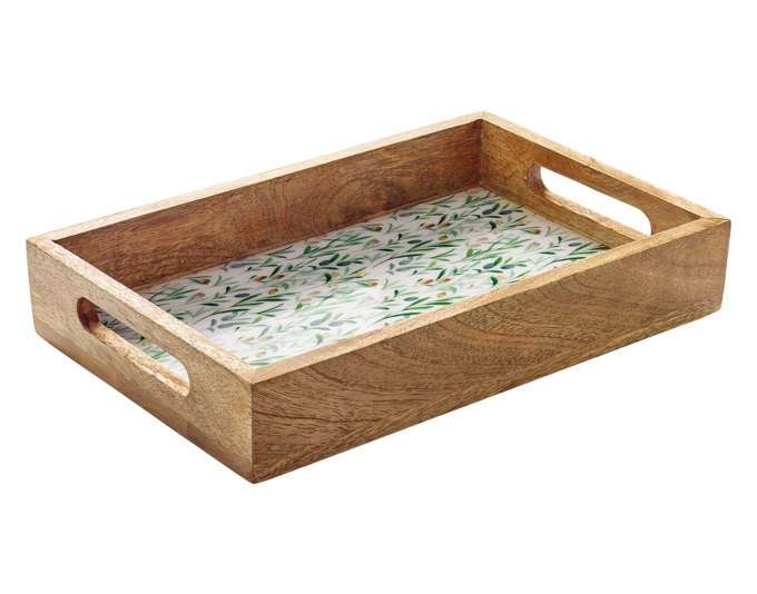 Foto des ZASSENHAUS Tablett Olive aus Mangoholz mit farbigem Dekor, rechteckiger Form und rutschfesten Füssen, Grösse 30.5x20x5.5 cm.