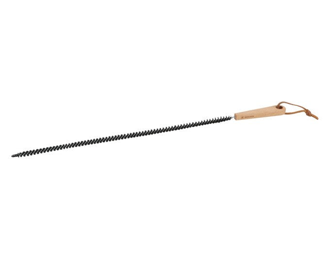 Abflussbürste mit langem geöltem Buchenholzgriff und schwarzem Nylonbesatz, Länge 54.5 cm, flexible Bauform für enge Abflussrohre.