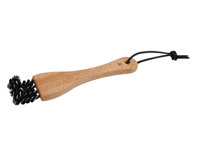 Backofenrostbürste von REDECKER aus geöltem Buchenholz mit schwarzem Nylonbesatz in geschwungener Form, Länge 18.5 cm.