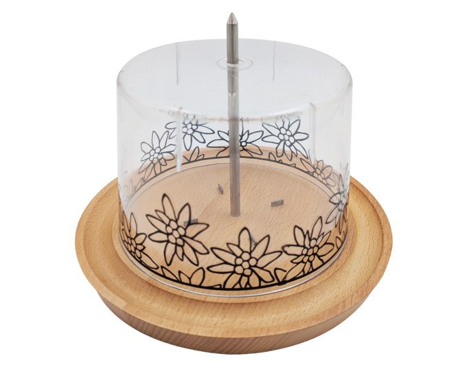 HEIDI Käserondell mit rundem Buchenholzteller aus Holz und transparenter Glocke, Edelweiss-Motiv, Durchmesser 22 cm, Höhe 15.7 cm.