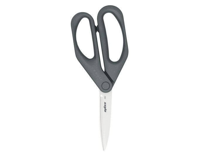 Silberfarbene Haushaltschere von ZYLISS mit grauem Griff aus Weizenstroh, integriertem Kartonmesser, Länge 22.8 cm.