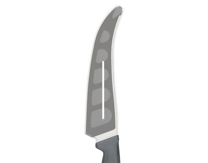 ZYLISS Käsemesser mit silbergrauer Edelstahlklinge und hellem Griff aus Weizenstrohmaterial, längliche schlanke Form auf neutralem Hintergrund.