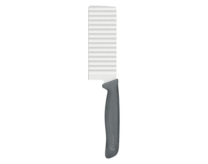 Silbergraues ZYLISS Wellenschneidemesser mit Edelstahlklinge und Griff aus Weizenstrohmaterial, Klingenlänge 11.5 cm, auf hellem Hintergrund fotografiert.