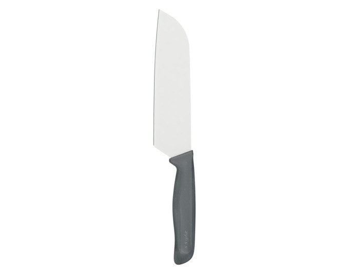 ZYLISS Santokumesser mit 15 cm langer Edelstahlklinge und ergonomischem Griff aus Weizenstrohmaterial in Grau-Silber, freigestellt fotografiert.