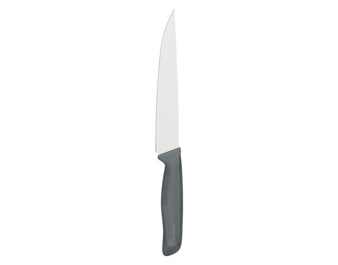 Tranchiermesser von ZYLISS mit silberfarbener Edelstahlklinge und Griff aus hellem Weizenstrohmaterial, Länge 32.8 cm.
