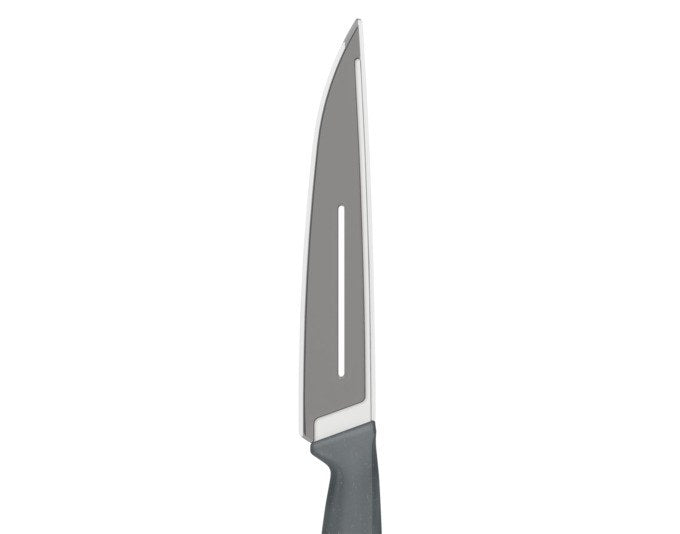 Tranchiermesser von ZYLISS mit silberfarbener Edelstahlklinge und Griff aus hellem Weizenstrohmaterial, Länge 32.8 cm.