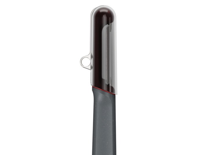 Zwei ZYLISS Schäler in Grau und Rot: Universal- und Tomatenschäler mit ergonomischem Griff aus Weizenstrohmaterial.