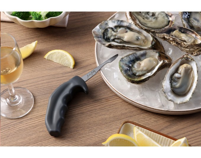 ZYLISS Austernmesser Shucker Paddy in Anthrazit mit konischer Edelstahlklinge und ergonomischem Griff mit Fingerschutz, freigestellt fotografiert.