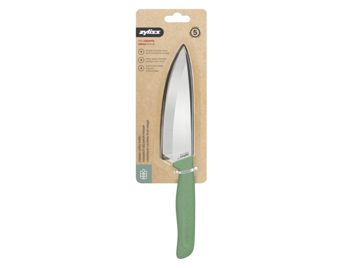 ZYLISS Universalmesser Classic 13 cm in mint mit Edelstahlklinge, Hohlschliff und Griff aus Weizenstrohmaterial samt Klingenschutzhülle.