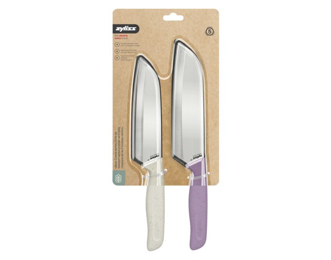 ZYLISS Santoku-Messerset Classic in Weiss/Violett, zwei Messer mit Edelstahlklinge und Griffen aus Weizenstrohmaterial samt Klingenschutz.