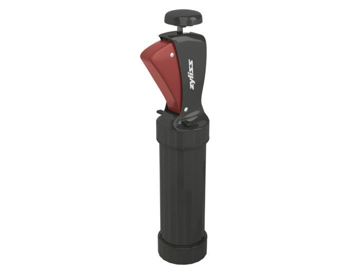 ZYLISS Vermicelles-Presse in Schwarz und Rot mit Trommel und ergonomischem Griff, kompaktes Küchenwerkzeug zur Teigverarbeitung.