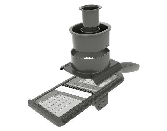 Produktbild des ZYLISS Gemüsehobels Mandoline in Schwarz und Rot mit durchsichtigem Schneidbett und Kunststoffgriff, Ansicht von oben.