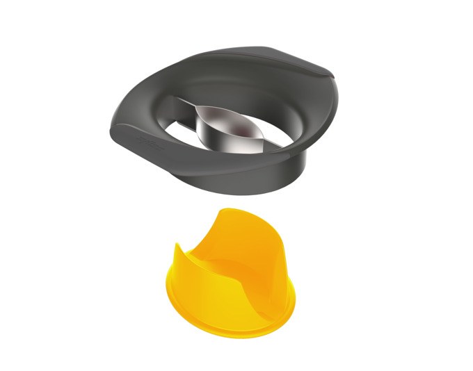 Schwarzer ZYLISS Mangoschneider 3in1 aus Edelstahl mit mikrogezahnten Klingen, kompakte Form zum Entkernen, Teilen und Schälen von Mangos.