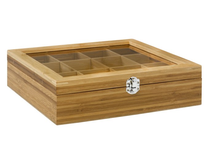 Rechteckige Teebox aus Bambus mit durchsichtigem Deckel und zwölf einzelnen Fächern zur getrennten Aufbewahrung von Teebeuteln.