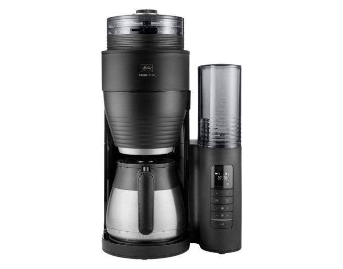 Schwarze MELITTA Kaffeemaschine Aromafresh Therm Pro X mit TFT-Display, Schwenkfilter und doppelwandiger Edelstahl-Thermkanne im Detail.
