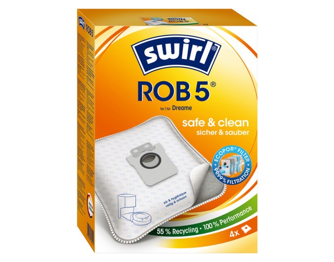 Weisse SWIRL Staubsäcke ROB 5 aus recyceltem Vliesmaterial mit Dirtlock-Verschluss und Halteplatte aus Recyclingmaterial für Staubsauger.