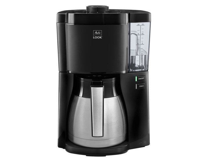 Schwarze MELITTA Kaffeemaschine Look Therm mit Edelstahl-Thermkanne, schwenkbarem Filterhalter und Wassertank aus Kunststoff.