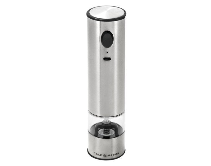 Elektrische Gewürzmühle COLE & MASON Battersea aus Edelstahl in Silber, 21 cm hoch, mit transparenter Kammer für Salz oder Pfeffer.