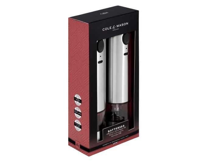 Elektrische Gewürzmühle COLE & MASON Battersea aus Edelstahl in Silber, 21 cm hoch, mit transparenter Kammer für Salz oder Pfeffer.