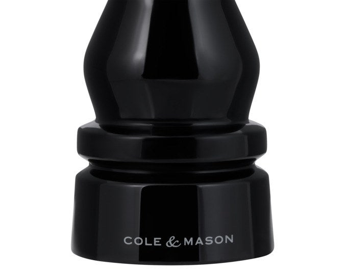 Schwarze Pfeffermühle London von COLE & MASON aus Acryl, 15 cm hoch, mit zylindrischer Form und einstellbarem Mahlwerk am oberen Ende.