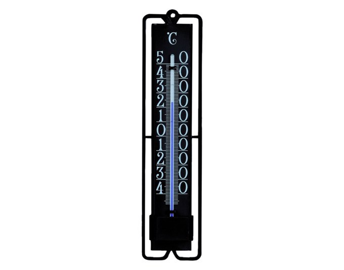 Analoges Innen-Aussenthermometer TFA Novelli Design aus schwarzem Kunststoff mit eingefärbter Thermometerflüssigkeit zum Ablesen der Temperatur.