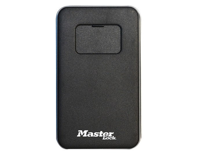 Schwarzer MASTER LOCK Schlüsselsafe aus Aluminium mit Zahlenkombination, Rollladentür und Montageset für die Wand, Grösse 124x75x50 mm.