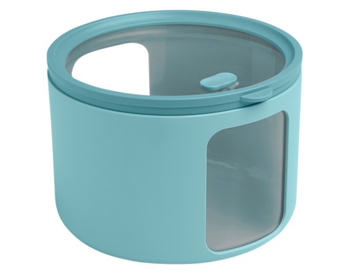 Runde Vorratsdose Tondo M von BLIMPLUS in Teal mit transparentem Deckel, seitlichen Sichtfenstern und stapelbarer Bauform, Durchmesser 14.5 cm.