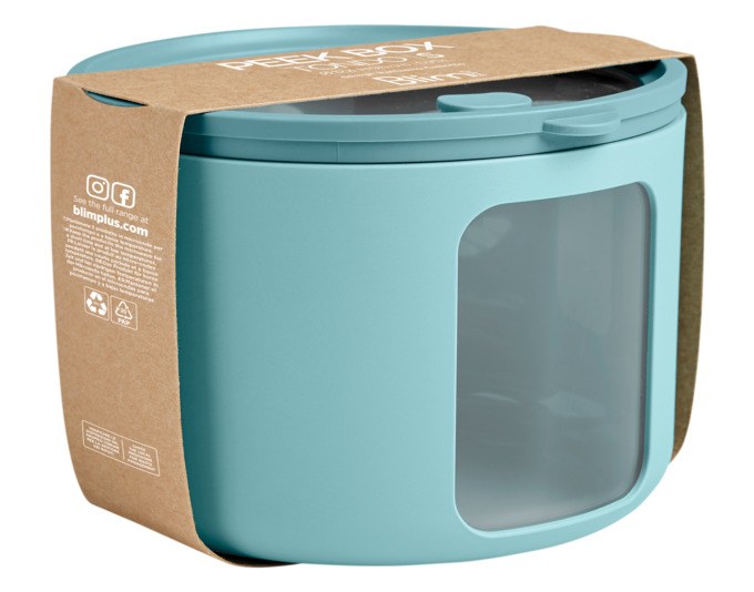 Runde Vorratsdose Tondo M von BLIMPLUS in Teal mit transparentem Deckel, seitlichen Sichtfenstern und stapelbarer Bauform, Durchmesser 14.5 cm.