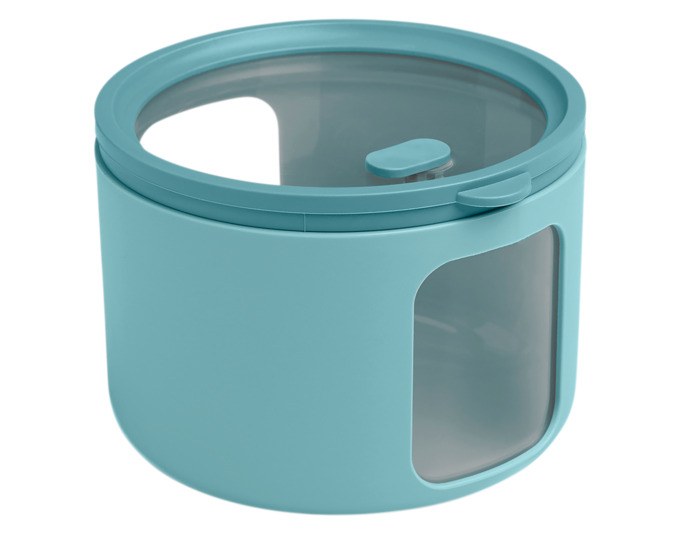 Runde Vorratsdose Tondo S in Teal mit transparentem Deckel und seitlichen Sichtfenstern für die Aufbewahrung von Lebensmitteln, stapelbar.