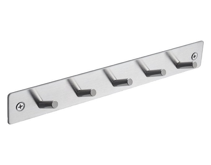 Silberne Hakenleiste aus Edelstahl mit 5 Haken, Länge 23.5 cm, zur Wandmontage, geeignet für Handtücher und Kleidung im Bad oder Flur.