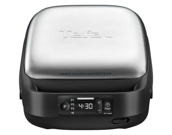Silberner und schwarzer TEFAL Waffel- und Sandwichgrill Snack Collection mit digitaler Anzeige und zwei austauschbaren Grillplatten.