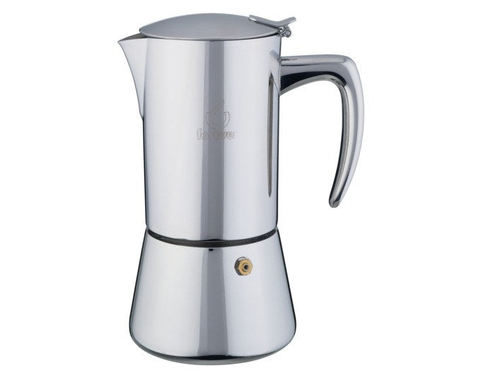 Kaffeezubereiter Miss Aurora von FOREVER aus rostfreiem Edelstahl in Chrom-Silber, Moka-Form mit Griff, für 6 Tassen Kaffee.