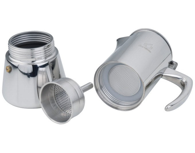Kaffeezubereiter Miss Aurora von FOREVER aus rostfreiem Edelstahl in Chrom-Silber, Moka-Form mit Griff, für 6 Tassen Kaffee.