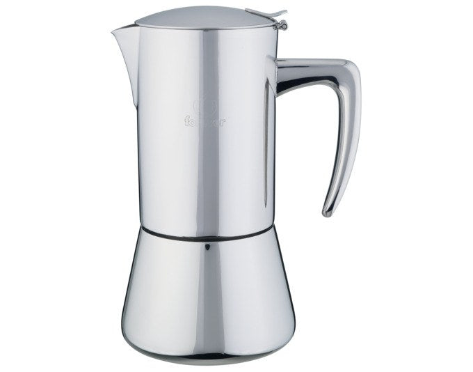 Edelstahl-Kaffeezubereiter FOREVER Miss Aurora für 10 Tassen, silberfarben glänzend, klassische Moka-Form mit Griff und Deckel.