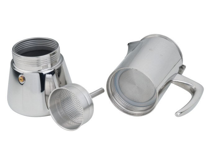 Edelstahl-Kaffeezubereiter FOREVER Miss Aurora für 10 Tassen, silberfarben glänzend, klassische Moka-Form mit Griff und Deckel.
