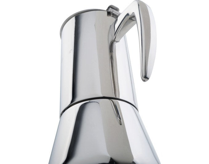 Edelstahl-Kaffeezubereiter FOREVER Miss Aurora für 10 Tassen, silberfarben glänzend, klassische Moka-Form mit Griff und Deckel.